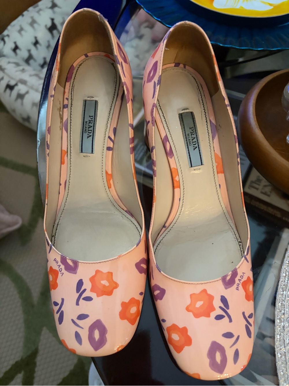 Prada Pink Floral Leather Pumps with Orange & Purple Flowers